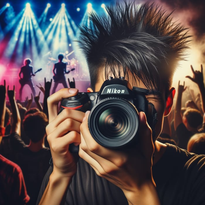 Middle-Eastern Male Capturing Vibrant Rock Concert Moments with Nikon Camera