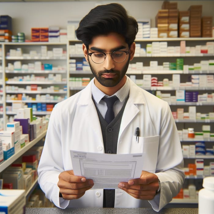 Asian Male Pharmacist in UK Pharmacy - Holding Prescription