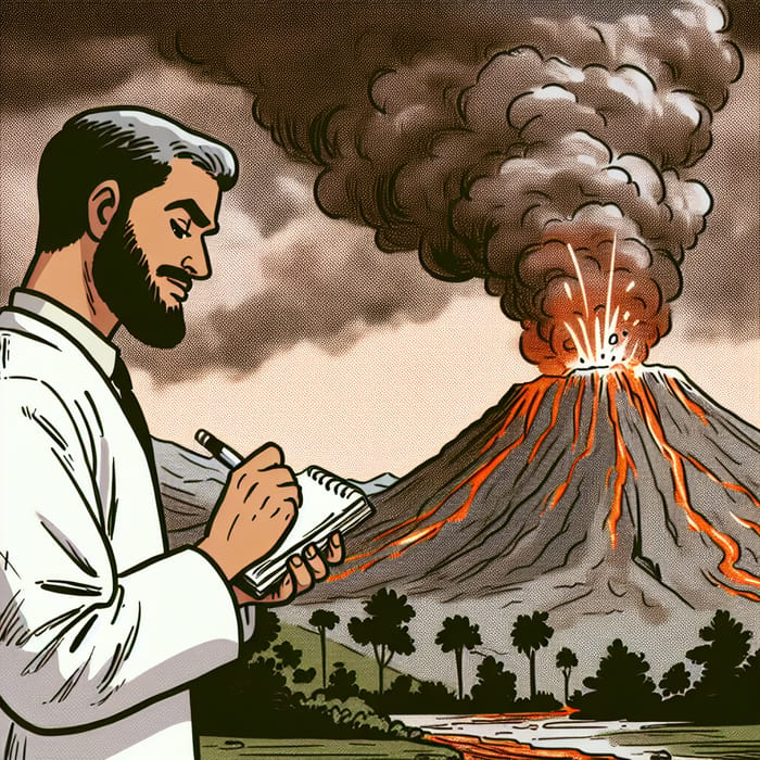 Child-Friendly Scientist At Volcano - Cartoon Panel