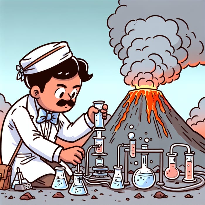 Simple Cartoon: Scientist Testing Near Volcano | Safety First