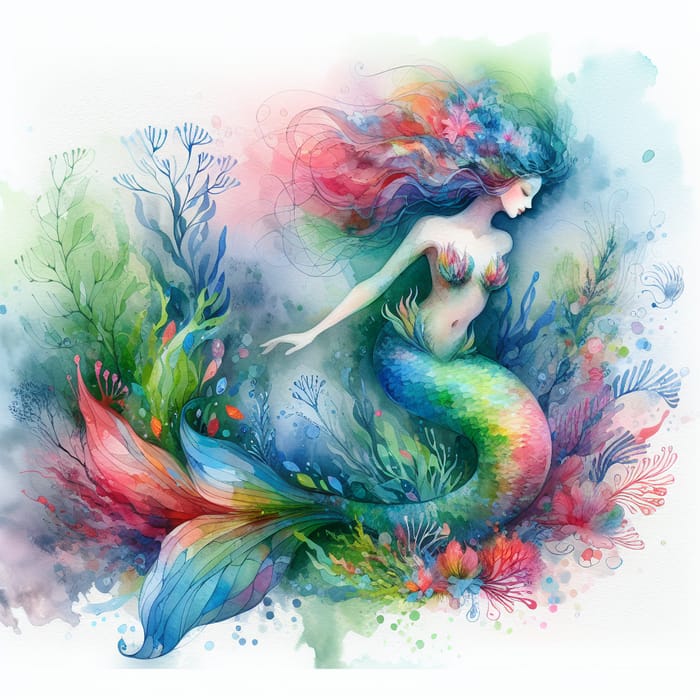 Vibrant Watercolor Mermaid in Tranquil Underwater Garden