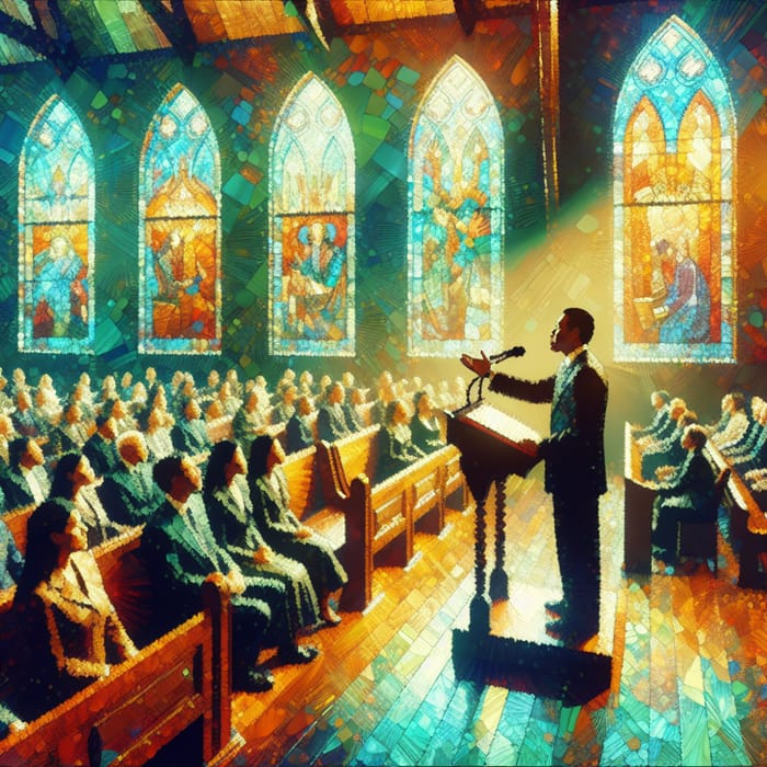 Preaching Scene in Peaceful Church | Vibrant Gestures Captivate Audience