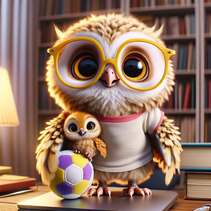 Cute Owl with Glasses on Computer Holding Doll and Soccer Ball