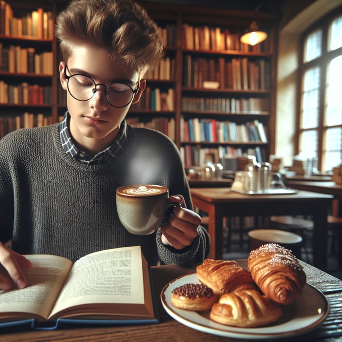 Nerdy Boy in Cozy Library Cafe: Immersed in Books & Pastries
