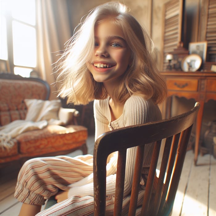 Blonde Girl with Playful Expression on Vintage Chair | Dreamy Retro Scene