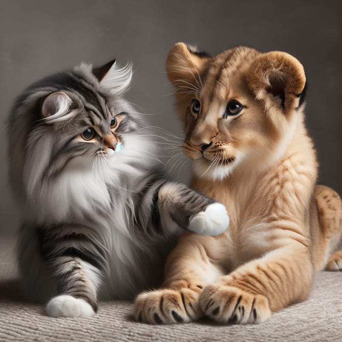 Cat Interacts with Cute Lion: Heartwarming Moment