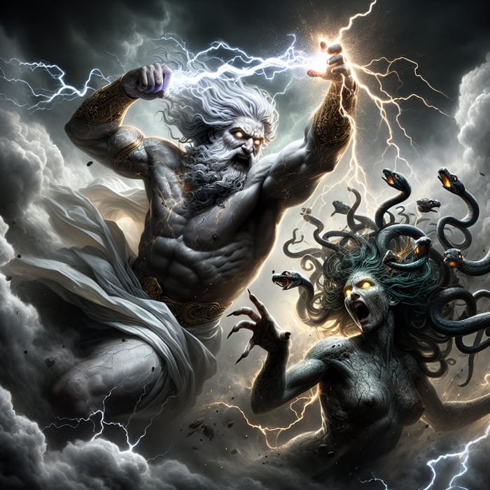 Zeus Unleashes Lightning on Medusa: Epic Battle of Deities