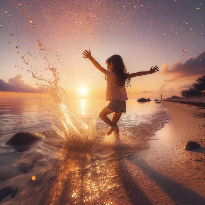 Girl Enjoying Sunset on Beach with Water Splash