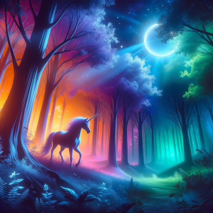 Mystical Forest Embraced by Moonlight | Enchanting Unicorn Scene