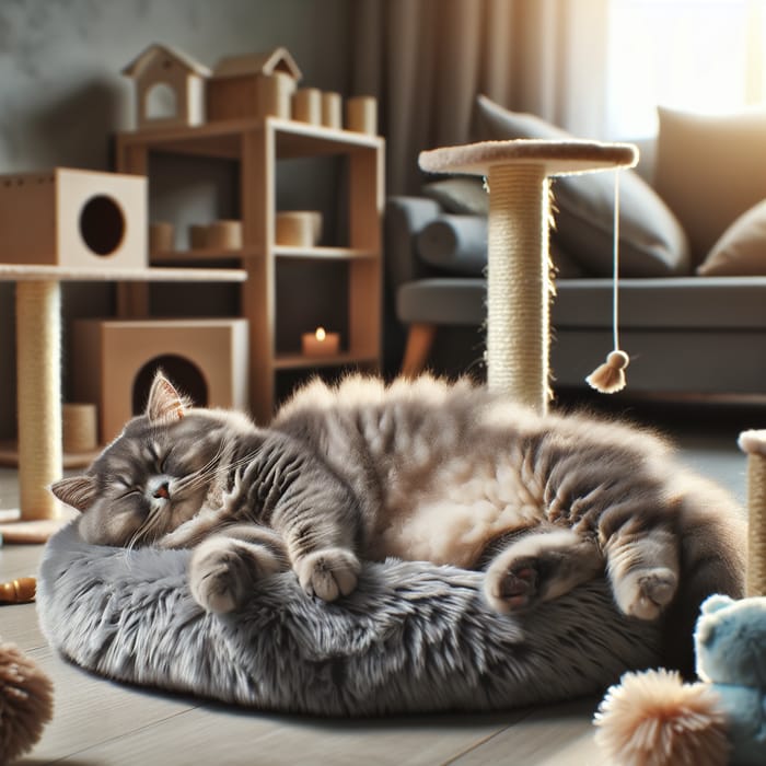 Cozy Cat Hotel: Adorable Grey Cat Taking a Nap in Luxury Room