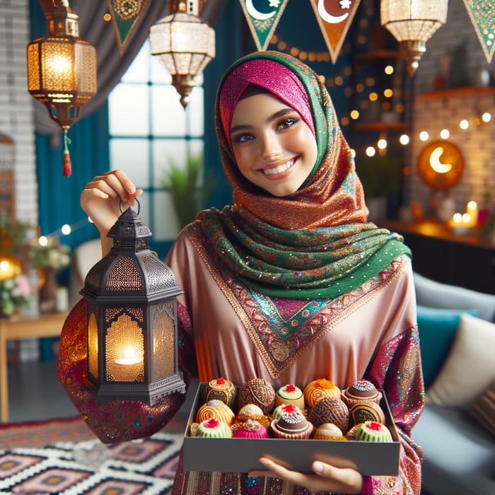 Joyful Eid Celebration: Smiling Muslim Girl in Vibrant Hijab with Lantern and Sweets