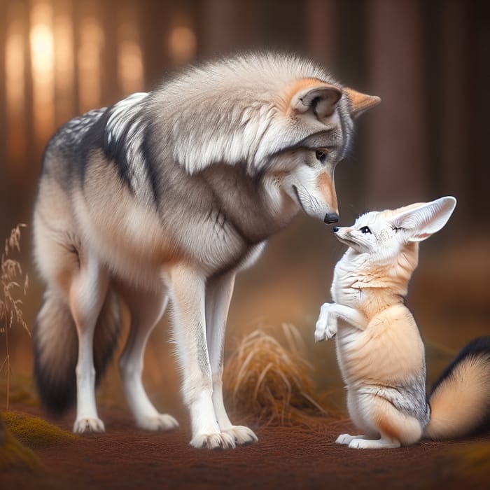 Wolf and Fennec Fox Nuzzle in Serene Moment