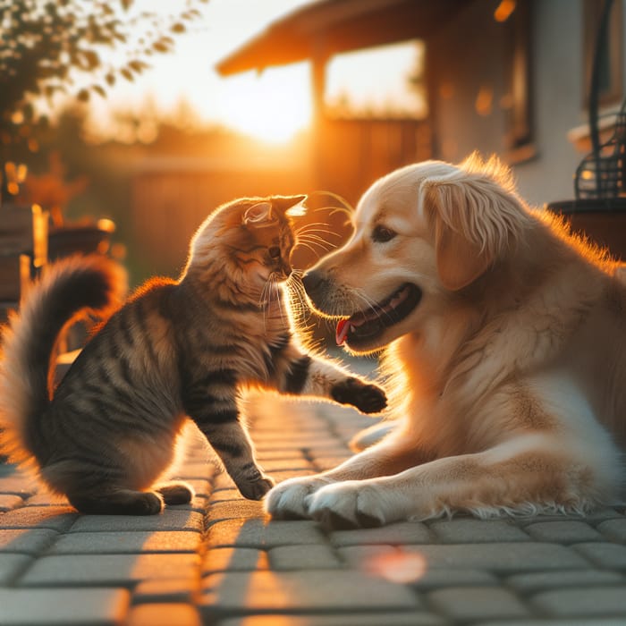 Cat And Dog Playfully Interacting Outdoors