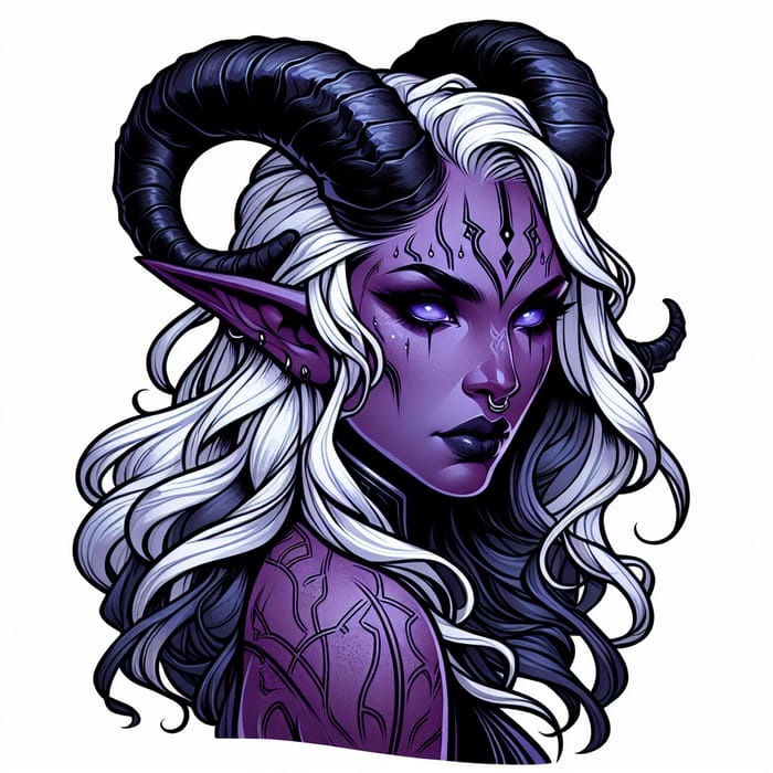 Detailed Female Tiefling Warlock with Purple Skin and White Hair