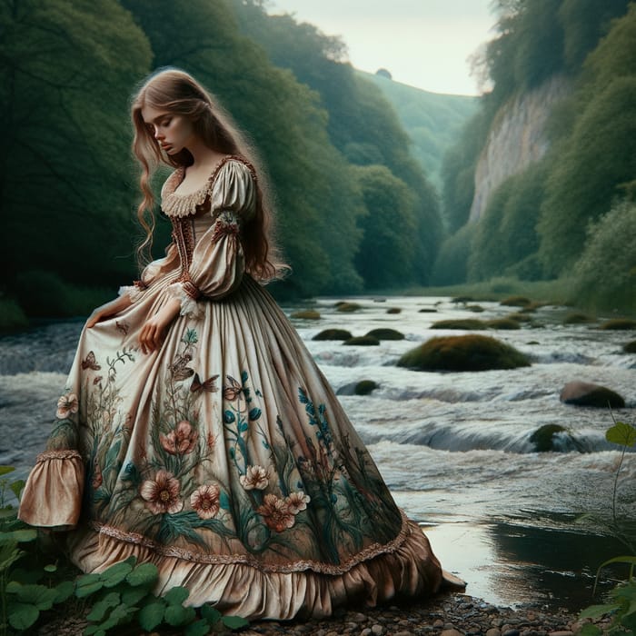 Victorian Era Girl in Silk Fairy Dress by the River