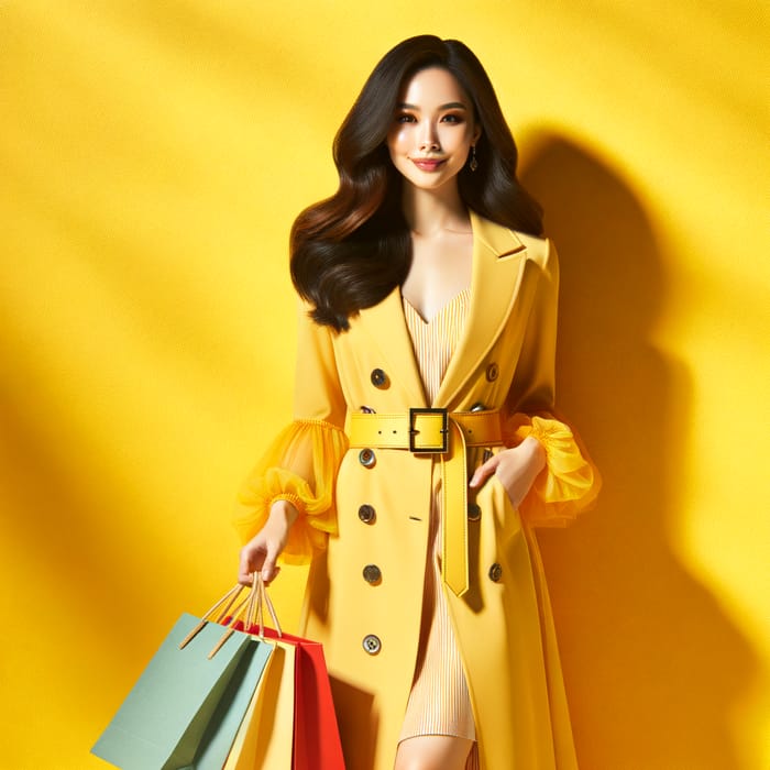 Vibrant Asian Woman Invites You to Shop on Bright Yellow Background