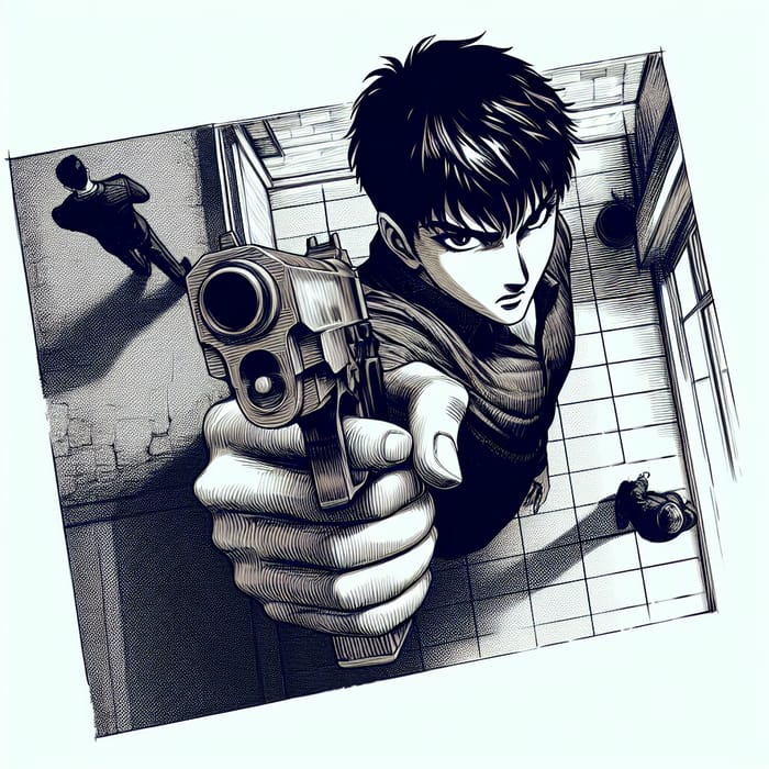 High Perspective Manga Drawing of a Man Holding Gun, Featured on Pixiv