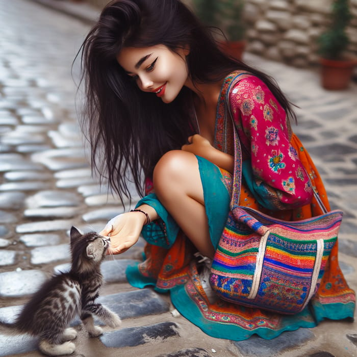 Kind-Hearted Girl in Dress Feeding Stray Kitten