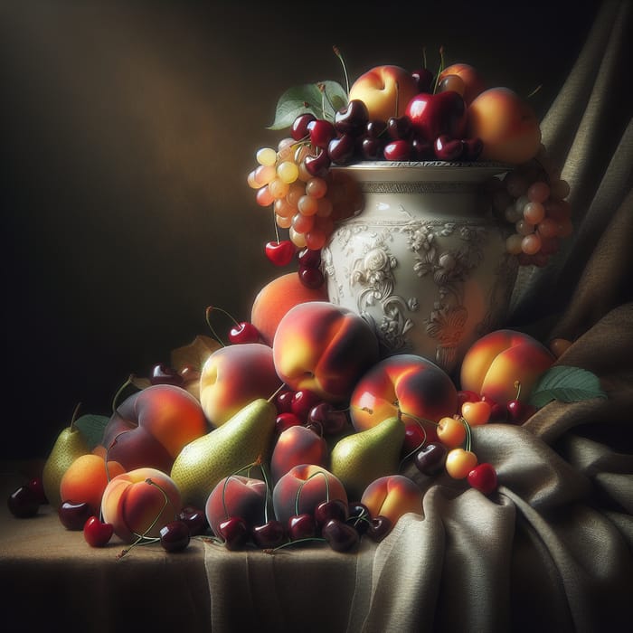 Elegant Still Life: Porcelain Vase Overflowing with Fresh Fruits