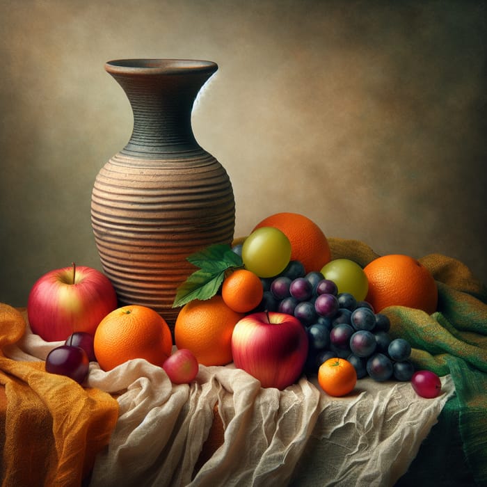Still Life Photo of Ceramic Vase and Variety of Fresh Fruits