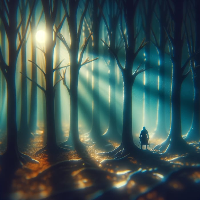 Mystical Forest Bathed in Moonlight with Mysterious Figure