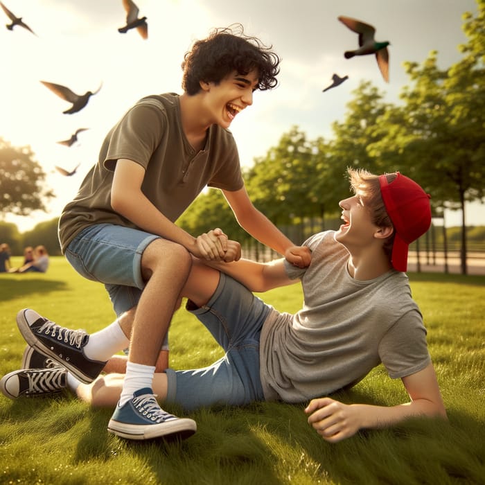 14-Year-Old Boys Playful Affection in Park