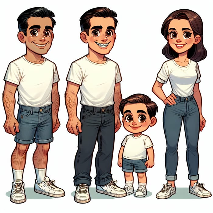 Vintage Cartoon Characters: Man, Woman & Boy in Disney Pixar Style Reminiscent of Late 19th-century Illustrations