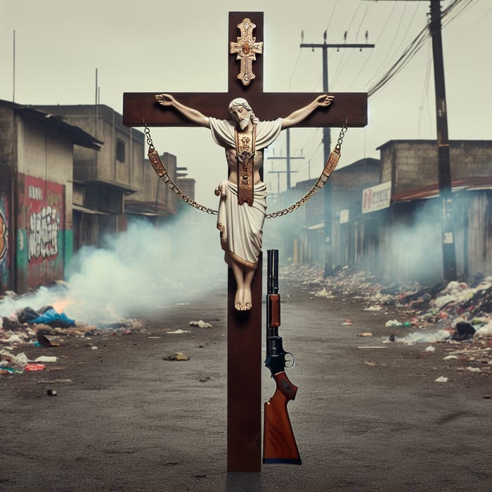 Traditional Wooden Cross with Priest's Vestment and Shotgun in Urban Slum