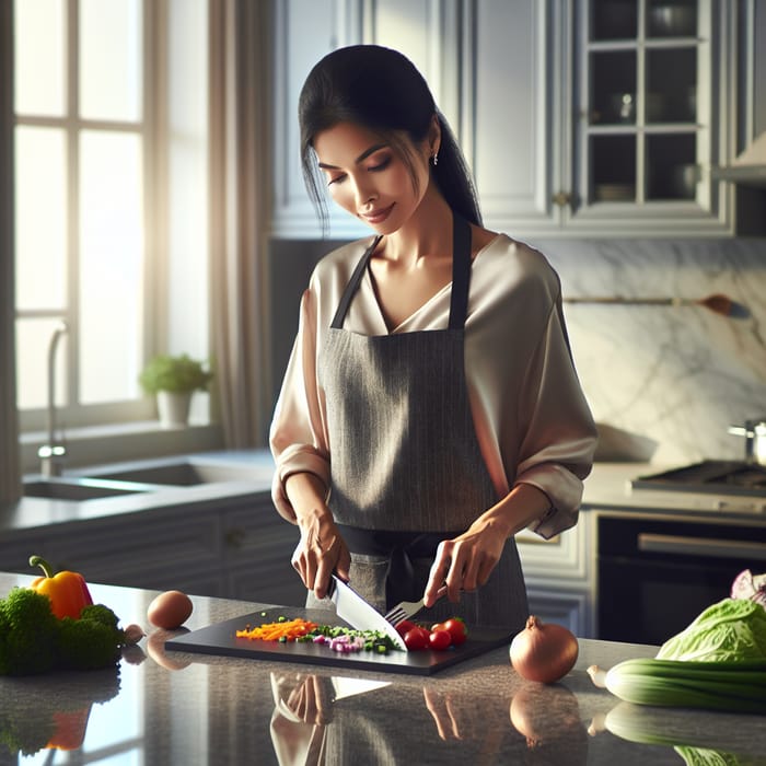 Woman Chopping Vegetables in Stylish Kitchen
