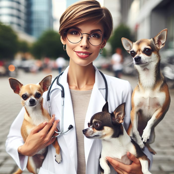Female Doctor with Chihuahuas | Urban Scene, Glasses & Short Hair