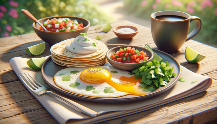 Tasty Fried Egg Breakfast with Fresh Cilantro and Mexican Salsa