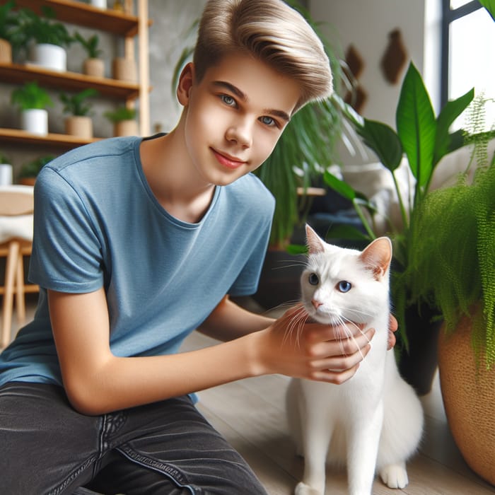 Twink Boy Teen with Smooth Blonde Hair Interacting with White Cat