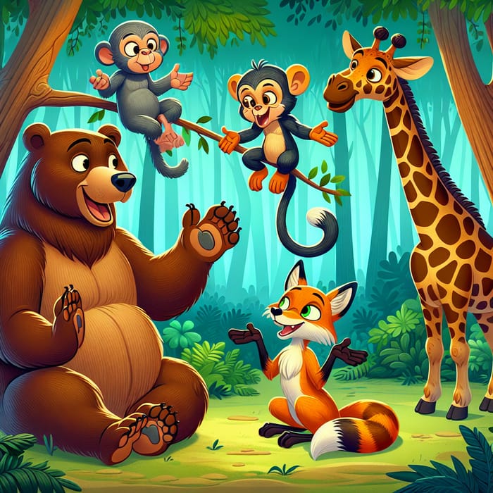 Friendly Forest Animals Chatter Happily in Cartoon Setting