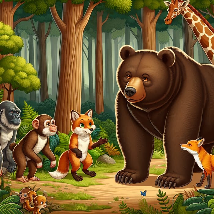 Animal Gathering in Forest with Bear, Monkey, Fox, Giraffe, Tiger