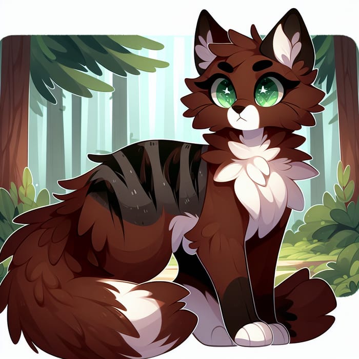 Cartoonish Brown Cat with Green Eyes in Enchanting Forest