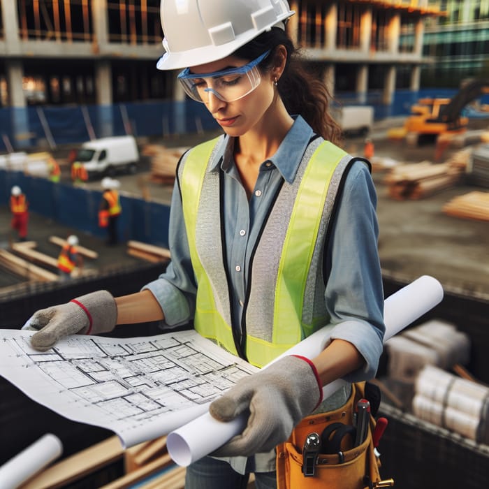 Contemporary Hispanic Woman Examining Blueprints on Construction Site