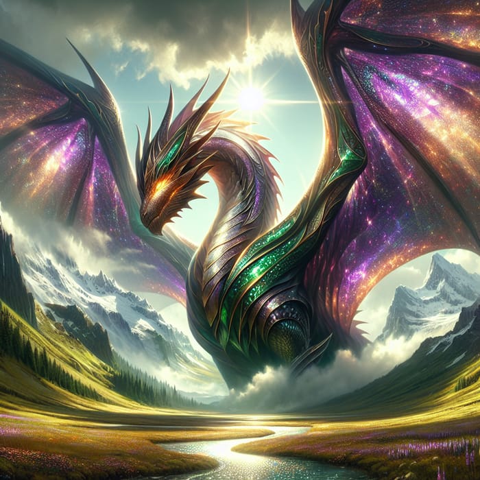 Majestic Dragon in Emerald Green and Eggplant Purple | Mythical Symbol of Strength and Majesty