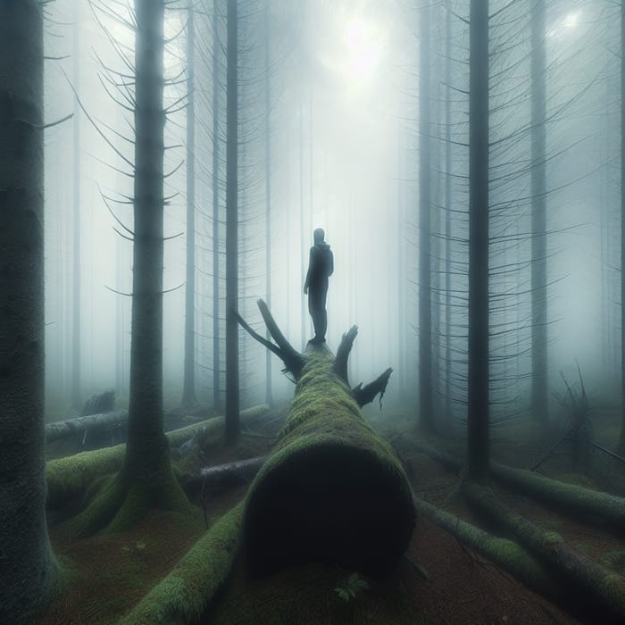 Enigmatic Figure in Ethereal Foggy Forest: Impressionist Solitude