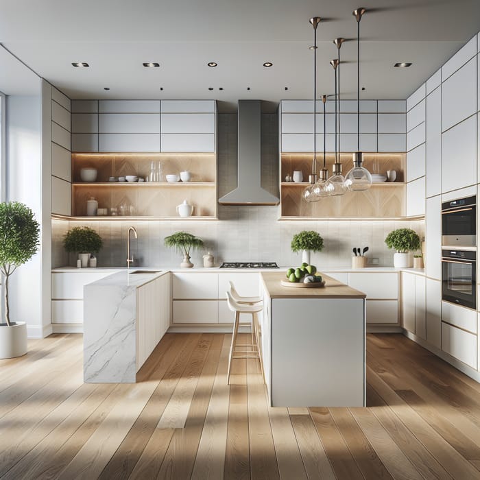 Modern Minimalist Kitchen with L-Shaped Cabinets & High-End Stainless Steel Appliances