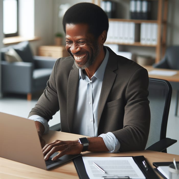 Joyful Afro-American Manager Working in Modern Office
