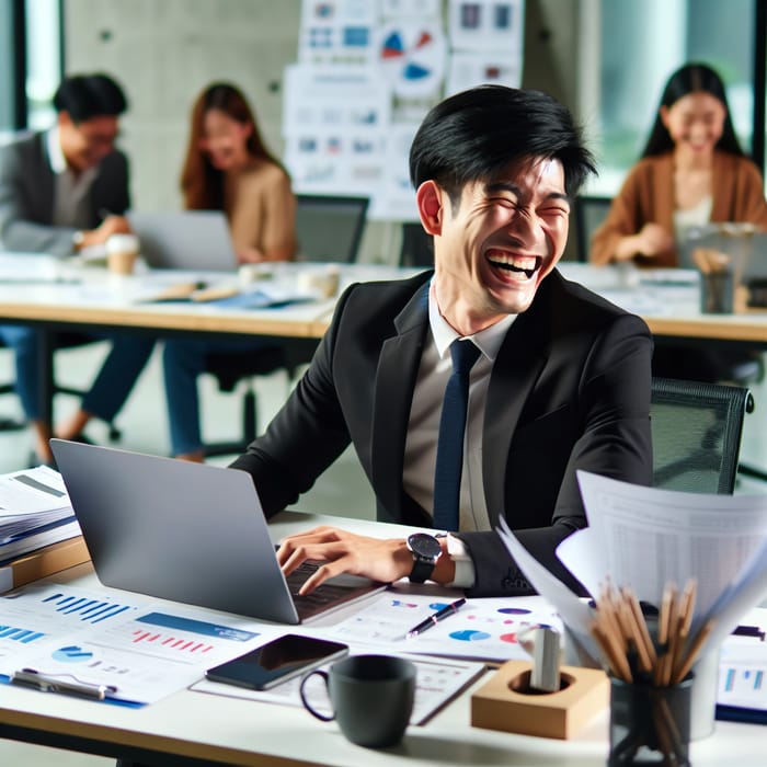 Joyful Asian Marketing Manager in Office Environment
