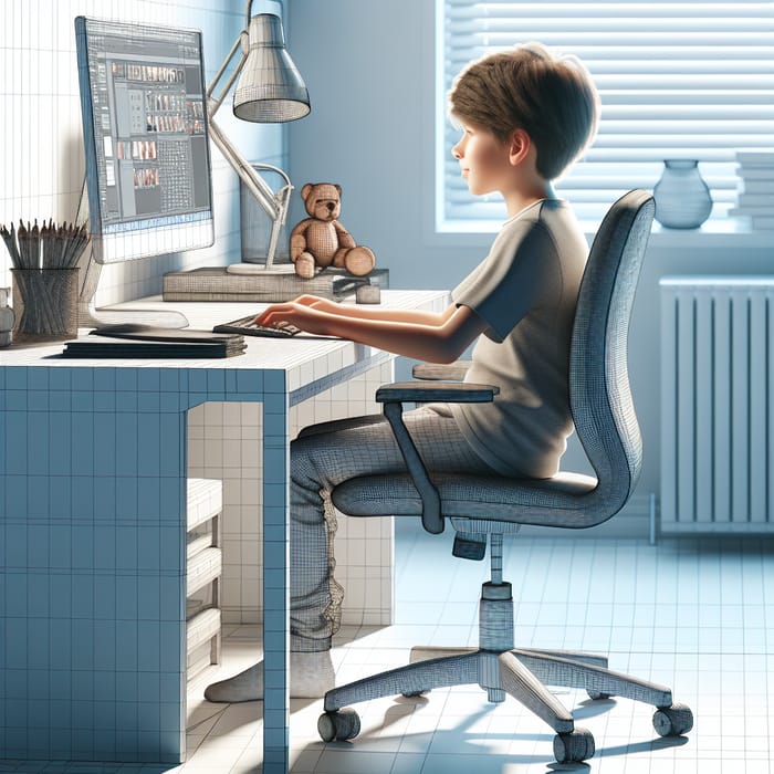 Realistic 11-Year-Old Caucasian Child Sitting at Computer Desk