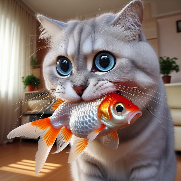 Grey Cat Catching Colorful Fish - Intriguing Moment