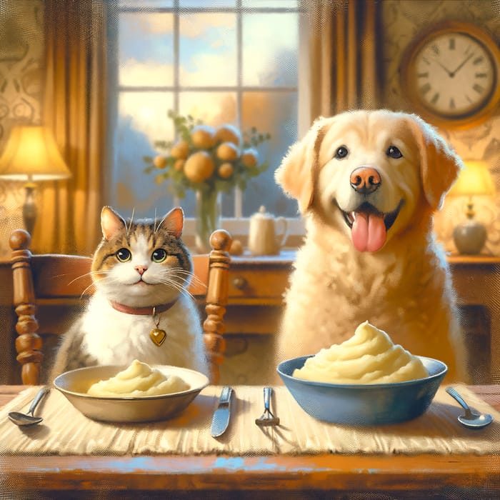 Heartwarming Cat & Dog Dining: Cozy Meal Scene