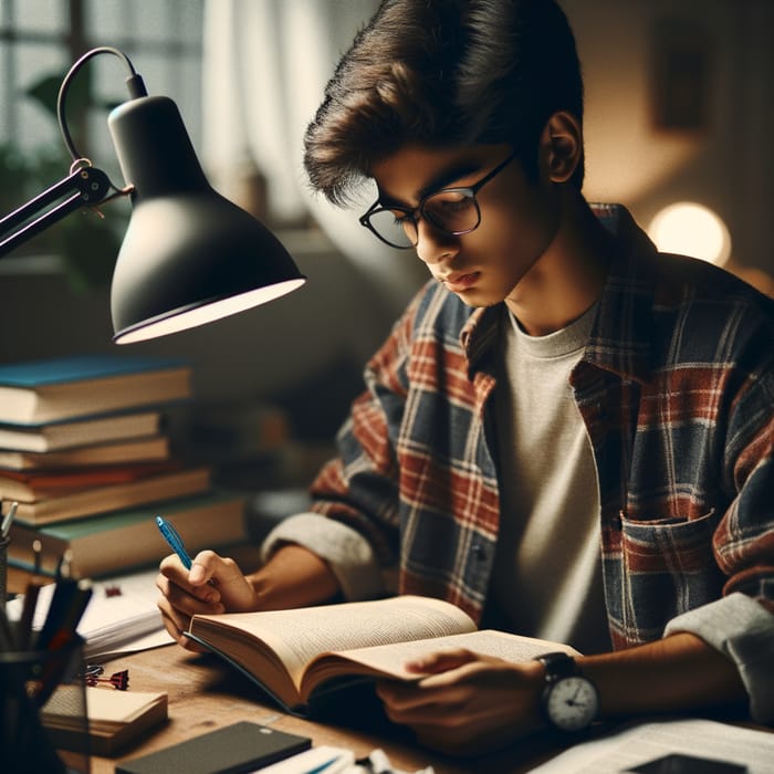 Focused Study Boy: South Asian Teen in Action
