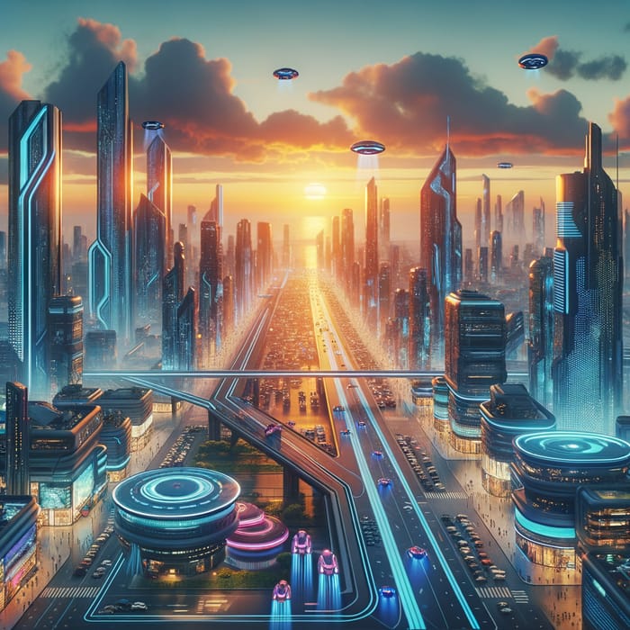 Cyberpunk Cityscape: Neon Lights, Hover Cars, Futuristic Sunset