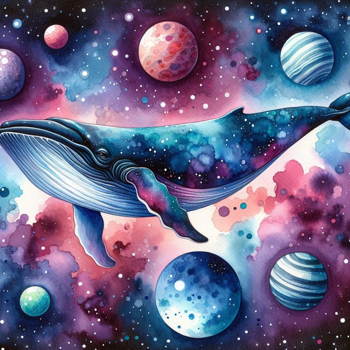 Whale with Planets Watercolor Illustration