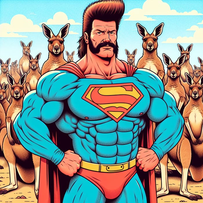 Muscle-Bound Superhero with Kangaroo Army on Sunny Beach