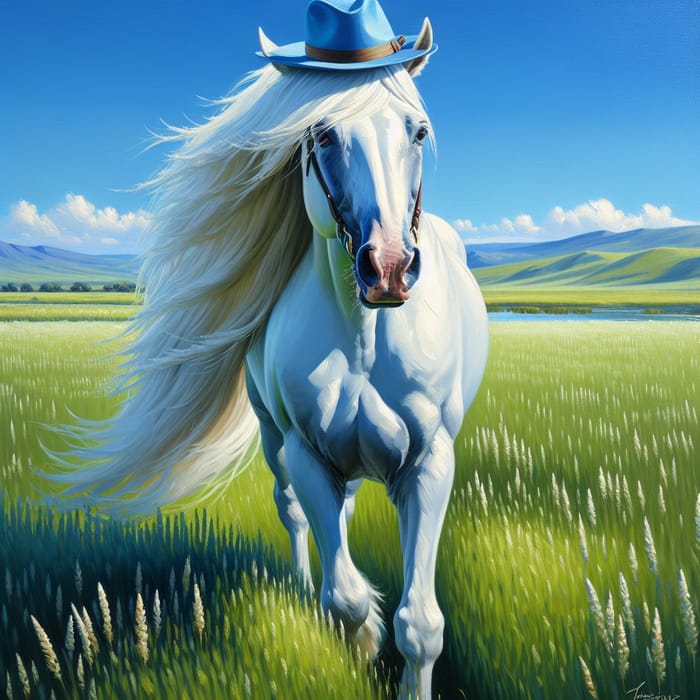 Majestic White Horse with Blue Hat in Serene Green Field