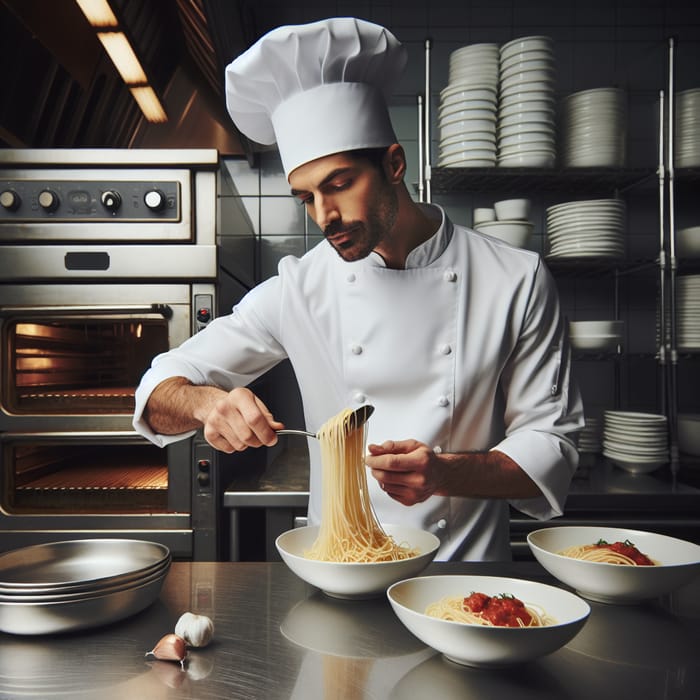 Hispanic Chef Cooking Spaghetti In Commercial Kitchen